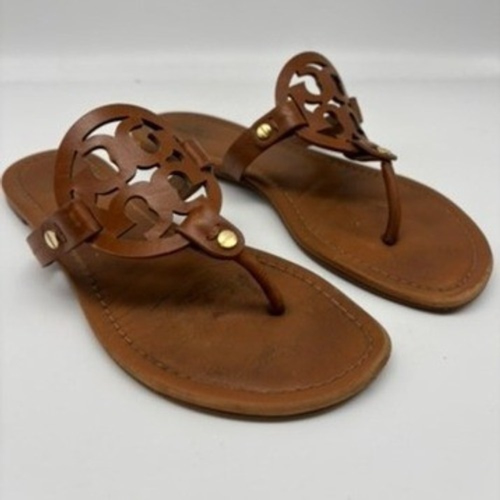 Tory Burch Miller Sandal Womens Sz 7 Tan Leather Logo Thong Flat Brown